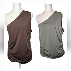 Express Women’s Size XL One Shoulder Top Brown And Sage Ruched Stretch Lot Of 2